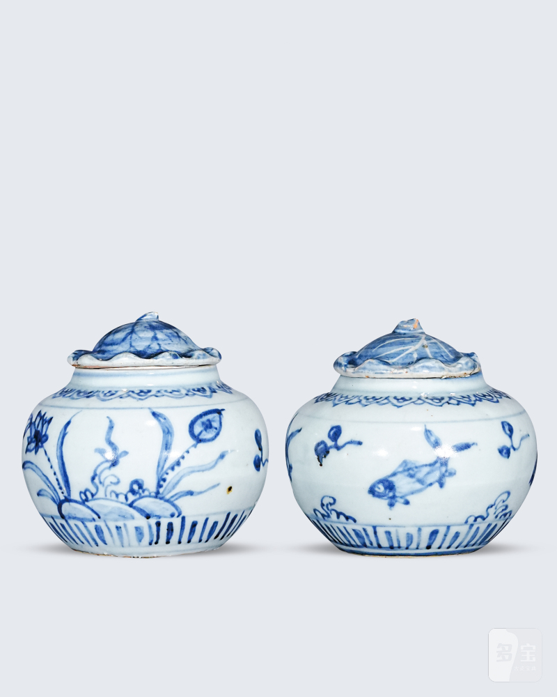 明中期 青花鱼纹、莲花纹盖罐（一组）